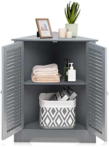 GIANTEX Eckschrank, platzsparender Badezimmerschrank mit Lamellentüren & 3-stufig verstellbaren Ablagen, Mehrzweckschrank für Bad, Wohnzimmer, Küche & Eingangsbereich (Grau, 81,5 cm)
