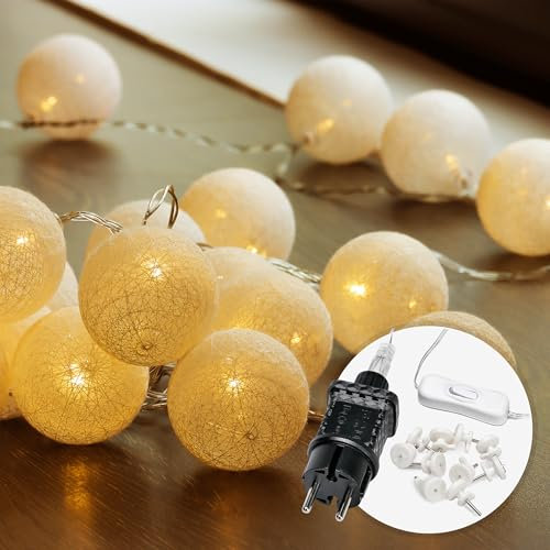 Cobus CozyHome Cotton Balls Lichterkette Kugel - 20 LED & 6m Warmweiß Strombetrieben | Zimmer Party Deko Lichtergirlande Lichterkette kleine Kugeln I Girlande mit Baumwollkugeln Bälle Ball