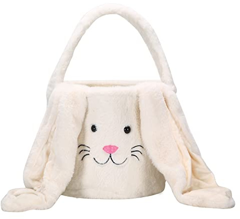 E-FirstFeeling Plush Easter Bunny Basket,Soft Bunny Easter Bucket for Egg Hunt and Candy,Easter Decorations Party Favors Gifts Storage (Plush-White)