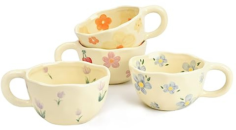 Koythin Juego de 4 tazas de café de cerámica, taza creativa de flores para oficina y hogar, 250 ml, para té con leche con leche (flor azul, flor naranja, cereza rosa, tulipán morado)