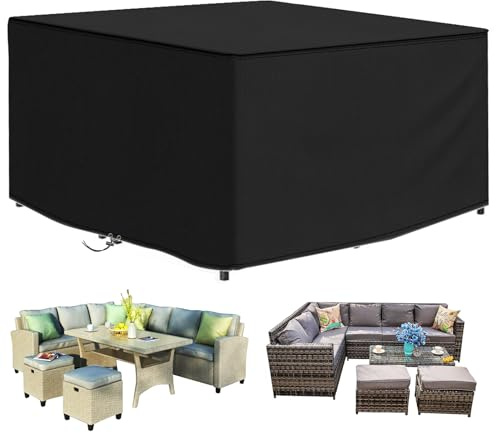 Funshot Garden Furniture Covers, 250x250x90 cm, Rectangular/Square Outdoor Furniture Covers Waterproof, 420D Oxford Fabric Patio Rattan Furniture Covers Waterproof for Garden Table and Chairs Set