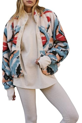 Kumufenc Printed Sherpa Jacket for Women Long Sleeve Button Down Fuzzy Fleece Coat Y2K Outerwear with Pockets(Blue,L)