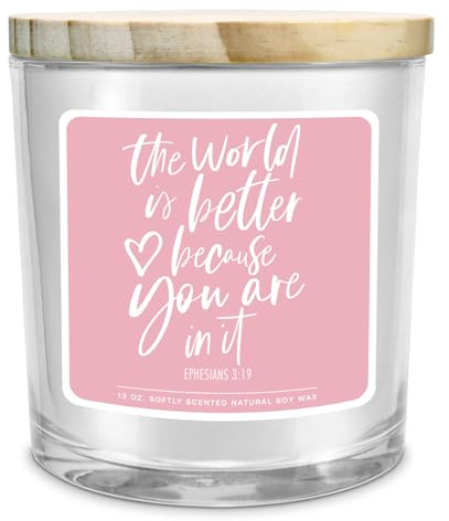 Lighthouse Christian Products The World is Better - Candela in barattolo di vetro e cera di soia, 11,4 cm, Efesini 3:19, colore: Bianco/Rosa