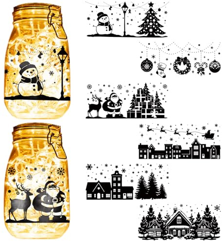 CREATCABIN 6 Stück Weihnachts Silhouetten Ausschnitte Für Einmachgläser Lampenfolie Weihnachtsmann Schneeflocken Scrapbook Wasserdichtes PVC Laternenglas Dekoration Für Wand Fenster Basteln 9x20cm