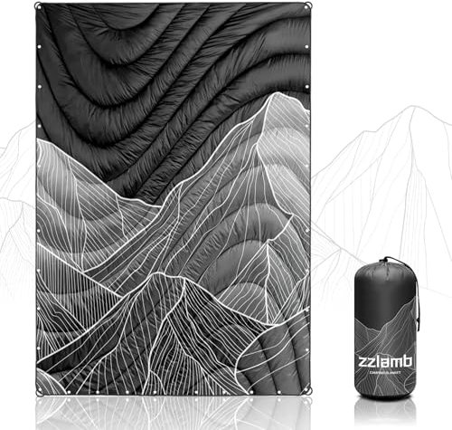 zzlamb Puffy Campingdecke, Outdoor, leichte Daunen-Alternative, Reisedecke, tragbar, wasserabweisend, warmer Umhang mit Druckknöpfen, Abenteuer, Picknick, Hängematte, Rucksackreisen, verschneiter