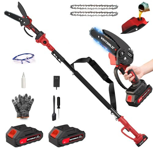 Veitorld Hochentaster, 2 in 1 Mini-Kettensäge und Akku-Astschere Teleskop, 6 Zoll Minikettensäge mit 2 Akku 2000mAh, Elektrisch Astsäge mit Teleskopstiel und Automatisches Ölsystem