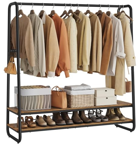VASAGLE Klädställning, klädhängare, garderob, garderob, med 2 hyllor, 6 S-formade krokar, stålram, 45 x 138 x 160 cm, för sovrum, rustik brun och svart RGR119B01