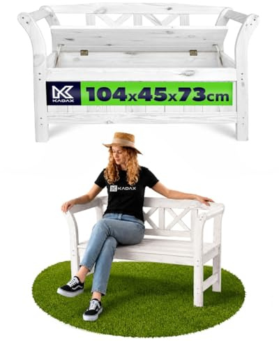 KADAX Trädgårdsbänk 119 x 45 x 73 cm – träfiberplatta med förvaringsfack och ryggstöd – träbänk för trädgård, balkong (vit)
