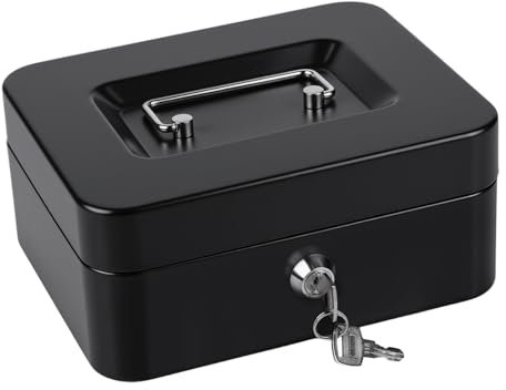 Money Tin Box with Key, Portable Cash Box with Coin Tray, Small Cash Tin for Home, Office and Events (Black-medium)