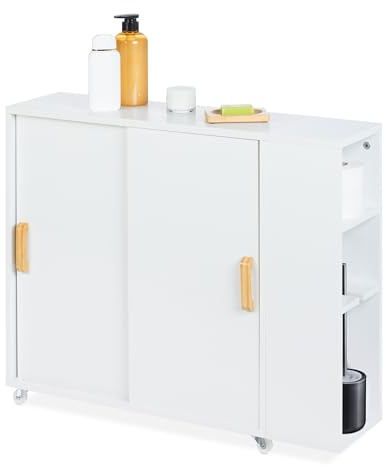 Relaxdays Nischenschrank, 4 Fächer, WC-Bürstenhalter, HxBxT: 62 x 19,5 x 64 cm, Bad, MDF, Bambus, Rollwagen, weiß/Natur