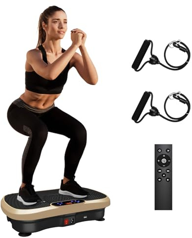 Moziel Plateforme Vibrante, Plaque Vibrante Oscillante 99 Niveaux d'Intensité & 5 Programmes, avec Haut-Parleur Bluetooth, 2 Bandes Résistances et Télécommande-Or