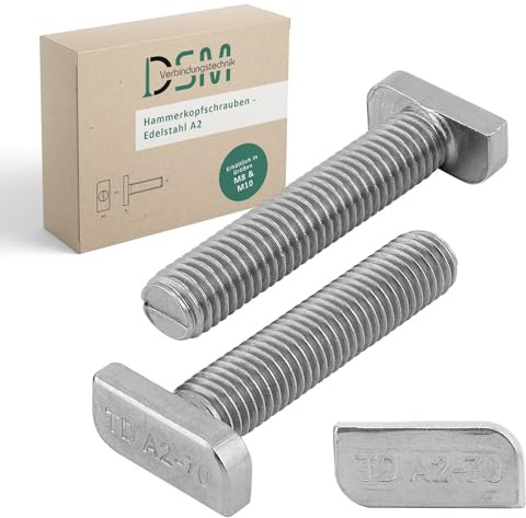 DSM – Viti con testa a martello M8 x 60 mm – in acciaio inox A2-70, antiruggine – Tipo 28/15 – per guide di montaggio, fotovoltaico, moduli solari, supporti PV, profili C, montaggio solare e serre, 50
