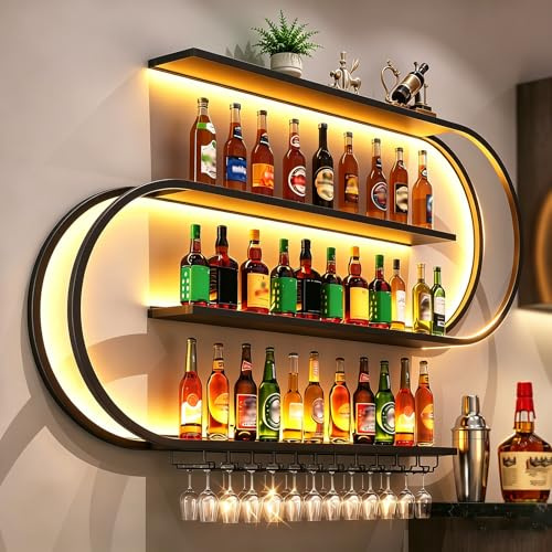 RAJYQODIS Weinregal zur Wandmontage, schwebendes Barregal mit 4 Ebenen, Industriedesign, Flaschenregal aus Metall, für die Heimbar, Esszimmer, Dekoration, Schwarz (180cm)