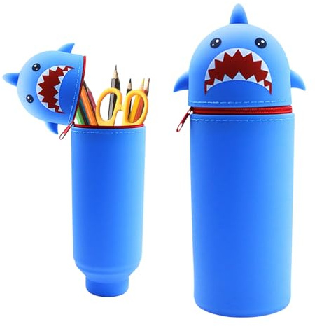 Wydexint Kawaii Federmäppchen, Mäppchen, 2-in-1 Weiche Silikontasche,Stand Up Federmäppchen, Tier Stifthalter, Cartoon Bleistifthalter Für Mädchen Und Jungen (Blauer Hai)