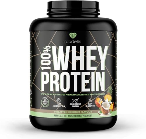 Foodelis 100% Whey Protein | Proteína de Suero Premium con Glutamina Natural y Perfil Completo de Aminoácidos | Máxima Absorción y Fácil Digestión | Sabor Piña Colada | 2,27 kg - 75 Dosis