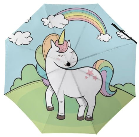 YBQLNP Automatischer Regenschirm Cartoon Einhorn Taschenschirm Winddicht Sturmfest Für Herren Damen Teenager