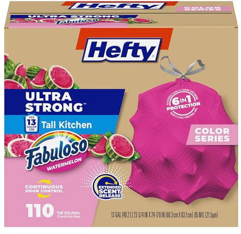 Hefty Bolsas de basura ultra fuertes de 13 galones, bolsas de basura altas de cocina de 13 galones, resisten fugas, pinchazos y rasgaduras, control continuo de olores, rosa, fabuloso aroma a sandía | Paquete a granel, bolsas de basura rosas altas de 13 g con cordones para cocina, resiste fugas, control continuo de olores