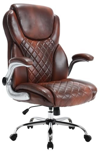 KCREAM Ergonomischer Chefsessel,PU Leder Bürostuhl Schreibtischstuhl mit Wippfunktion (90–120°), klappbare Armlehnen & Lendenstütze, für Home-Office Bürostuhl 180kg belastbarkeit,Braun