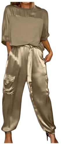 Set estivo da donna, 2 pezzi, in raso, per feste, eleganti, 2 pezzi, per matrimonio, maniche a 3/4 + pantaloni sportivi a vita alta, in due pezzi, per il tempo libero con lacci