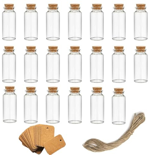 X-YSUNEAS 10ml Mini-Glasflaschen mit Korken – Kleine Glasfläschchen mit Etiketten Schnur, Gläschen für Hochzeitsgeschenke, DIY-Basteln, Wunschflaschen, Gewürzaufbewahrung, Laborproben (20 Stück)