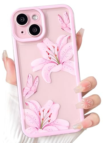 NITITOP Cover per iPhone 14 Carina Trasparente Fiore di Giglio Farfalla Motivo Estetico per Ragazze Femminile con Cornice Colorata Morbido TPU Antiurto Protezione Custodia - Rosa