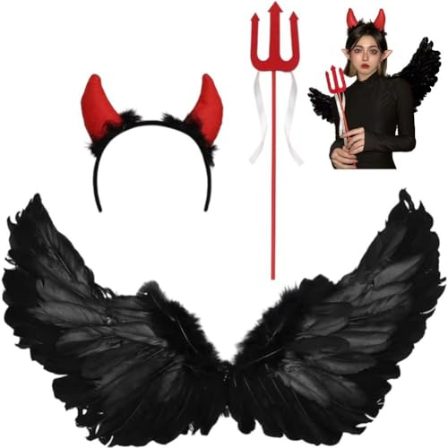 Stakee 3pcs/set Devil Costume Accessory Set Halloween Devil Cosplay Costume Set with Angel Wings, Red Horns Headband and Pitchfork for Women
