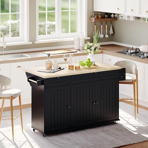 Merax Isola da cucina con piano di lavoro pieghevole, armadio da cucina su 6 ruote bloccabili, con 2 cassetti e 3 ante e porta porta e portasciugamani, per cucina e sala da pranzo, 137 x 89,5 x 45 cm