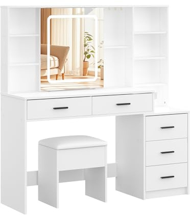 Panana Vanity Desk with Movable Mirror and Lights, Makeup Table Set with 5 Drawers, Makeup Desk with Charging Station & Storage Shelves, 3 Lighting Modes Adjustable Dressing Table with Stool (White)