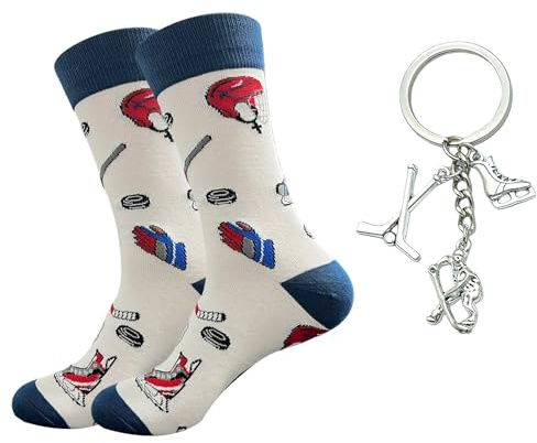 PIujsym Set regalo per hockey su ghiaccio – divertenti calzini da hockey su ghiaccio da uomo con portachiavi, calzini da hockey su ghiaccio, regalo perfetto per giocatori e fan a Natale