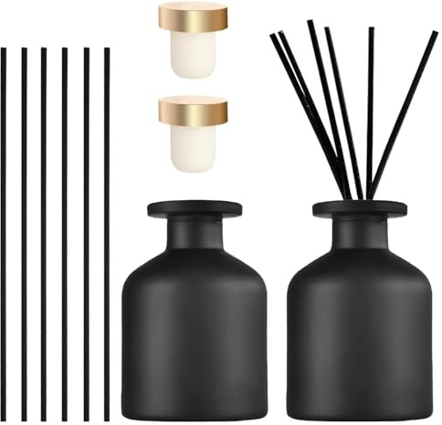 2 Stück Schwarze Glas Diffusorflaschen Set, 150ml Diffusorflaschen Mit 12 Duftstäbchen und Verschluss, Duft Diffuser Glasflaschen für Ätherische Öle, Zuhause, Büro Ersatz