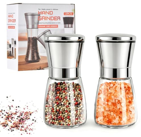 Salt and Pepper Grinder Set, Adjustable Coarseness Manual Mill Grinders, Premium Stainless Steel Salt and Pepper Mills with Glass Body, Refillable for Spices & Seasonings (Spices not Included)