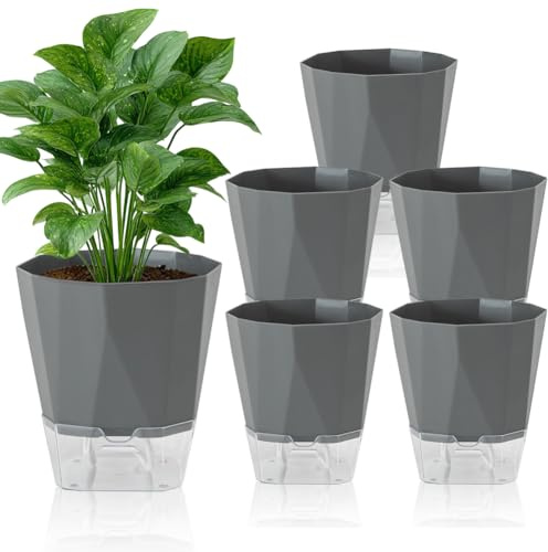Uppsättning av 6 självbevattningskrukor, 12,5 cm blomkrukor med bevattningssystem i elfenbens-utseende, självbevattningskruka med transparent vattenbehållare, för balkong och inomhus (medelgrå)