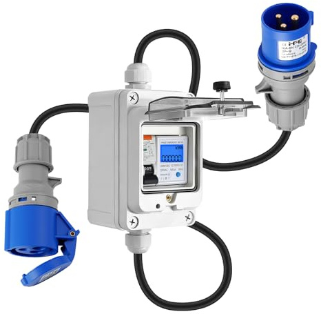 Compteur Électrique Numérique Mobile 230VCA 16A, Wattmetre Mobile Extérieur avec Interrupteur de Fuite et Prise CEE 3 Broches 16 A, Boîtier de Compteur IP67 pour Camping-cars et Véhicules Électriques