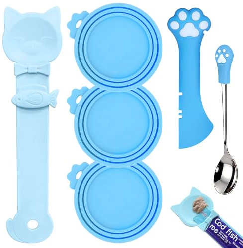IVIA PET 6 PCS Pet Feeding Set | 1 Cat Treat Spoon Squeeze for Cat Strip, 1 Opener Spatula & Stainless Steel Spoon for Pet Wet Food, 3 Silicone Can Covers for Dog Cat Food Canned (Blue)