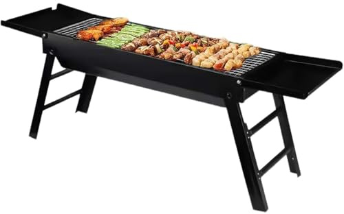 Foldable BBQ Grill, Barbecue Grill with Side Trays, Drawer-Type Dust Collection Box, Large Capacity, Stable Heat Conduction Performance for Patio, Camping