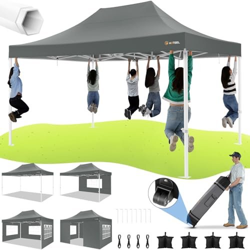 HOTEEL Pavillon 3x4,5m Wasserdicht Stabil, Pop-Up Faltpavillon mit 4 Seitenteilen, Kommerzielles Partyzelt Gartenzelt für Event Hochzeit, Tragetasche mit Rollen, Verstärkte Sechskant-Beine, Grau