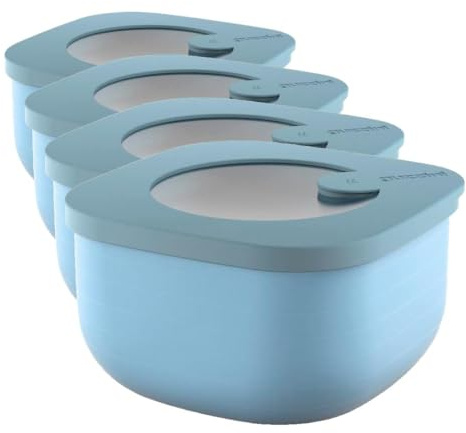 Guzzini - Kitchen Active Design, STORE&MORE, Recipiente Hermético Bajo para Frigorífico/Congelador/Microondas (S) - Celeste Mate, 12,2 x 12,2 x h6,8 cm - 170700189 (Paquete de 4)