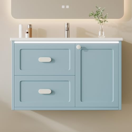 VIEKOS 76 x 46 x 51 cm, mobile sospeso da bagno, completamente laccato, due cassetti, guide scorrevoli silenziose, lavabo integrato, blu