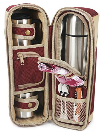Greenfield Collection Deluxe Hamper Flask Hot Pack for Two People with 1 Vacuum Sealed Stainless Steel 1 Litre Flask + 2 Stainless Steel Mugs - Perfect for Outdoors and Travel - Mulberry Red