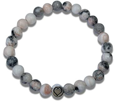 Majas Perlen Zebra Jaspis Armband echt mit Perlen 6mm Herz DQ Metall Silber Gold oder Roségold - Handmade Perlenarmband für innere Ruhe Optimismus Ausdauer - Spiritueller Schmuck Damen Herren Kinder