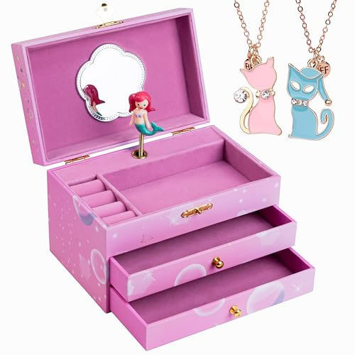 ADEL DREAM Spieluhr Schmuckkästchen (mit zwei Katzen-Anhängern) Musik-Aufbewahrungsbox dreischichtige Spieluhr süße Katze Musikalische Schmuckschatulle für Kindern Geschenke | Liebevolles Geschenk für Mädchen – ideal zum Geburtstag, zu Weihnachten oder anderen besonderen Anlässen.