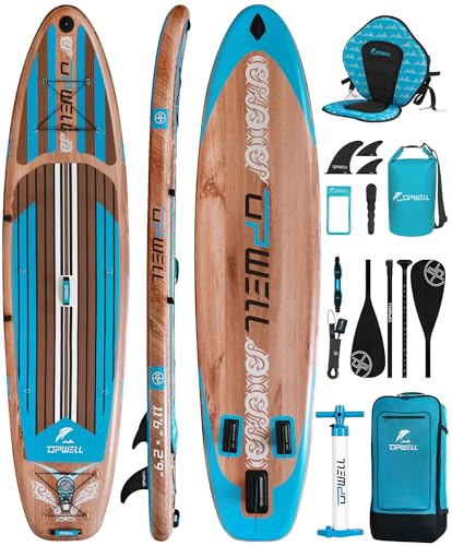 UPWELL Planche de Stand up Paddle Gonflable Large 350 x 84 x 15 cm avec siège, Planche de Sup Paddle pour Adultes et 2 Personnes, Timber