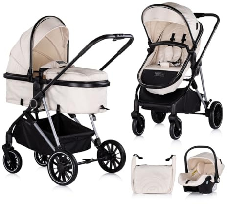 Chipolino Kinderwagen Aura 3 in 1, Autositz, Babywanne, Wickeltasche, bis 22 kg creme