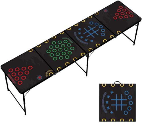 Ensemble de table Beer Pong 4 en 1 | Avec 50 gobelets et 8 balles | Tasse à rabat, cage de trage, Drunk Tac Toe | Table de tournoi pliable 240 x 60 x 70 cm | Kit de fête multigame RedCupShop (table