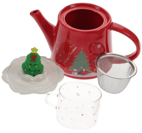 DECORNIJIA Teiera e Tazza Natalizia in Ceramica Di Design Retro Con Stampa Albero Di Natale Salvaspazio e Portatile Per Casa Ufficio e Picnic