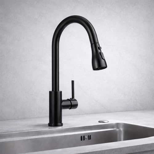 KELEMATI’s Black Kitchen Tap Pull Out Faucet for Effortless Smooth Washing with 3 Modes, Controlled Water Flow & Flexible Spray, High Arc 360° Swivel Mixer Tap, Stainless Steel, Easy Fit on Sink