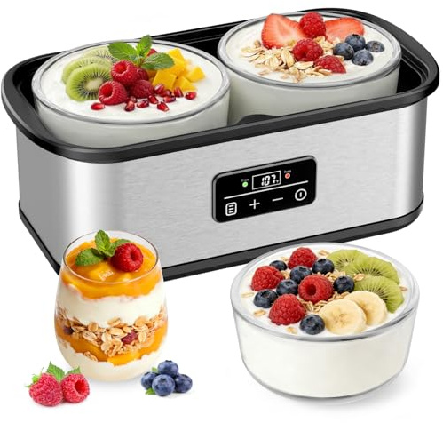 Yogurt Maker with Two Containers, Yogurt Maker Machine with Adjustable Temperature & Time Control, Automatic Shut-Off & Constant Temper for Homemade Probiotic Yogurt, Promoting Gut Health