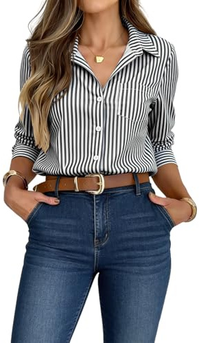 crazy bean Camicia Donna Manica Lunga Camicetta Bluse a Righe Elegante da Lavoro con Bottoni Copricostume Mare Casual Nero S