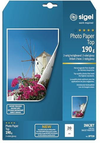 SIGEL InkJet Fotopapier A4 beidseitig hochglänzend 20 Blatt 190 g | IP720, Hochweiß und beidseitig bedruckbar für Fotodrucke und Präsentationen