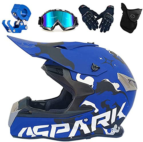 VOMI Casque Motocross Adulte Bleu, Integral Moto Cross VTT Avec Accessoires - Crochet, Goggle, Gant, Masque, Equipement Pour Montagne, Monstre Autocollant (XL 58-59)